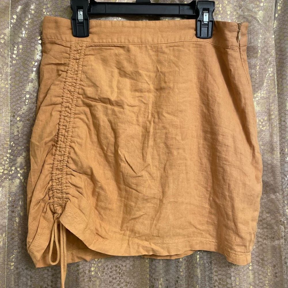 Free People Tori Side Ruched Mini Skirt Mustard Yellow Linen Blend Small NWOT - Picture 2 of 7